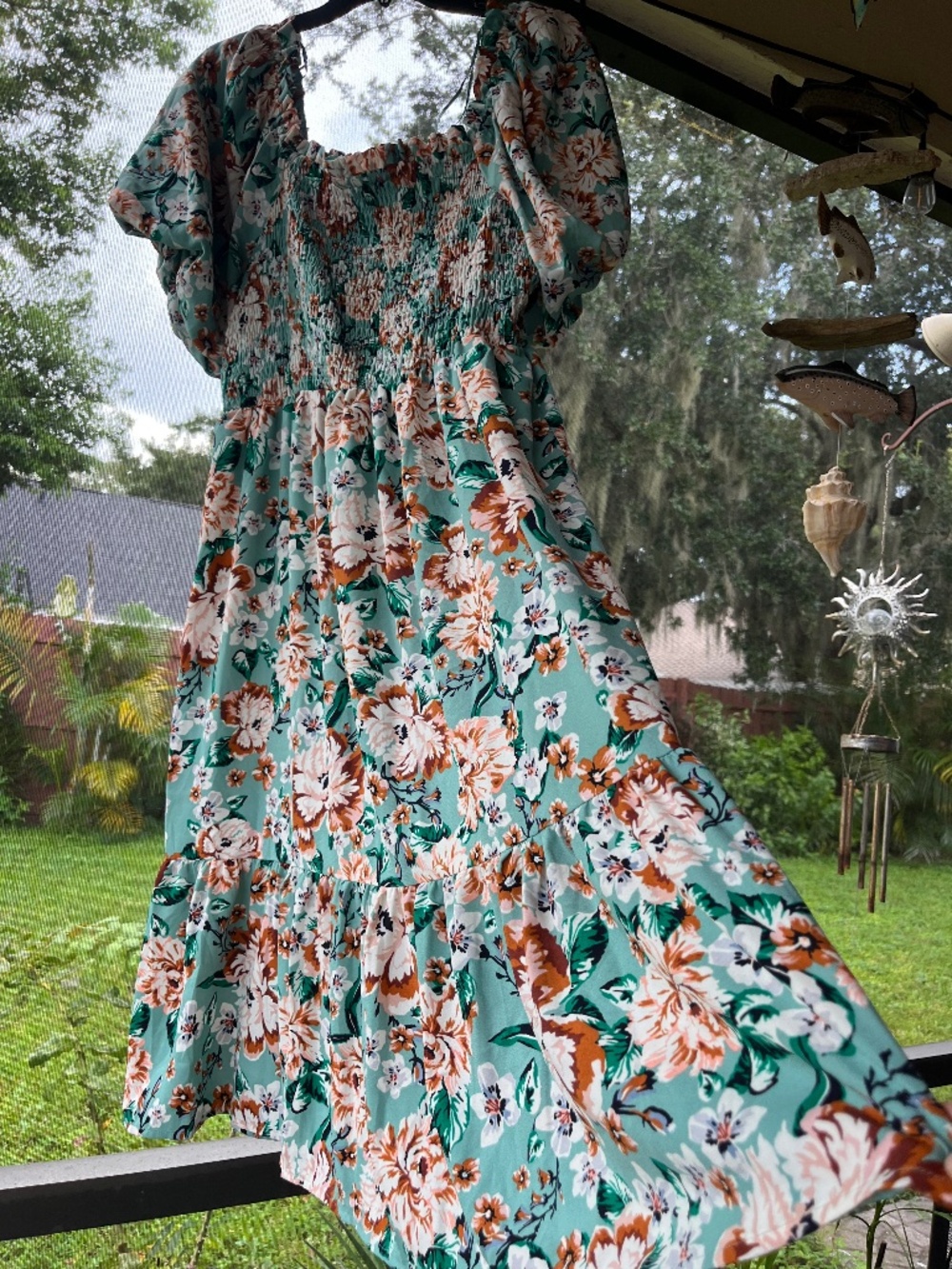 LC Lauren Conrad green floral puff sleeves smocked midi dress size 0X